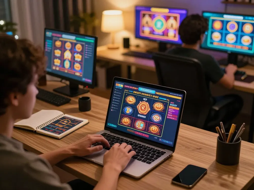 Playing virtual games on VT888 online casino interface with strategic notes nearby