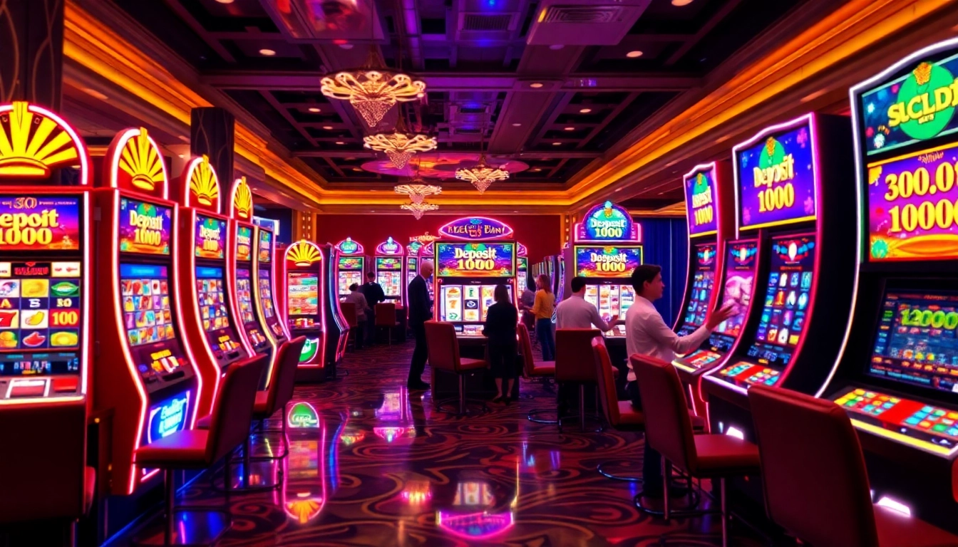Engaging scene of players at slot machines with slot deposit 1000 promotions in a vibrant casino atmosphere.