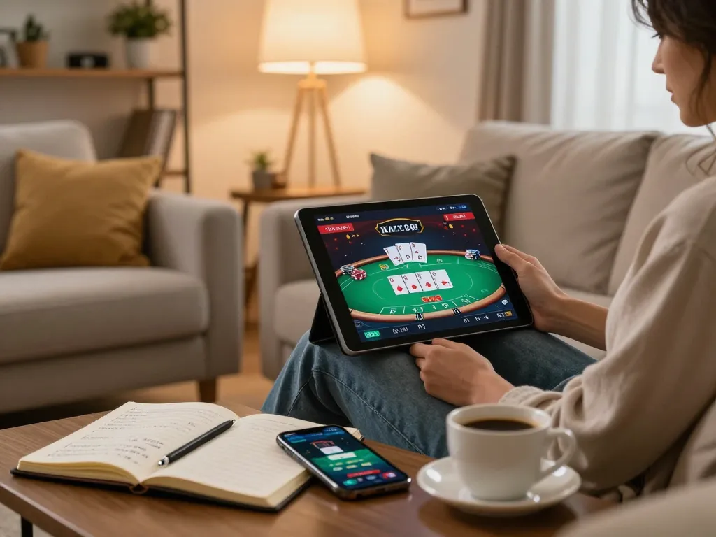 Playing poker on a tablet at home while exploring uu88 net in a cozy ambiance.