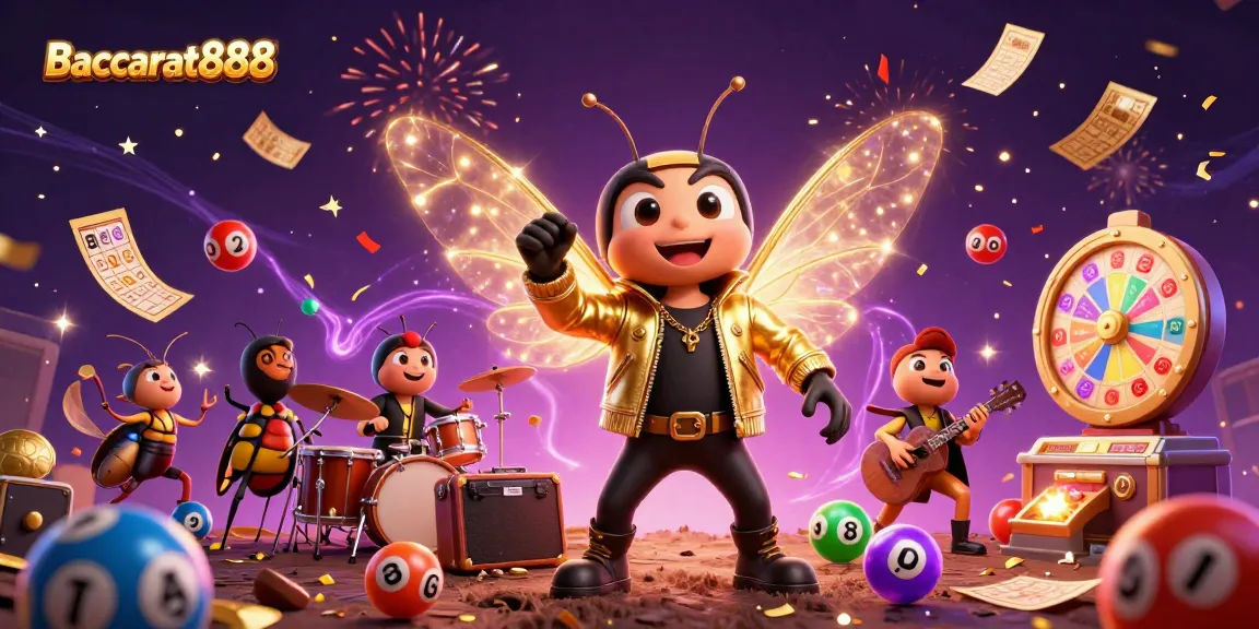 Baccarat888 promotion with a cicada rock star, vibrant lottery balls, and festive energy.