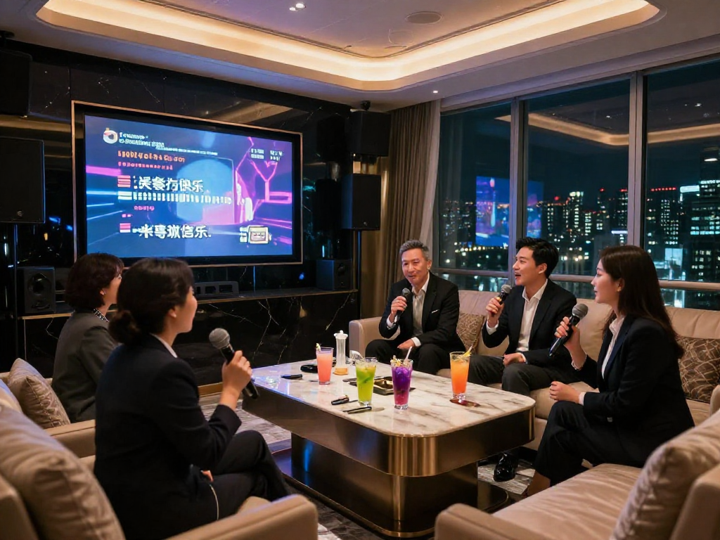 강남 타이밍에 적합한 고급 스러운 노래방 내부, 그룹이 즐기는 비즈니스 회식 모습