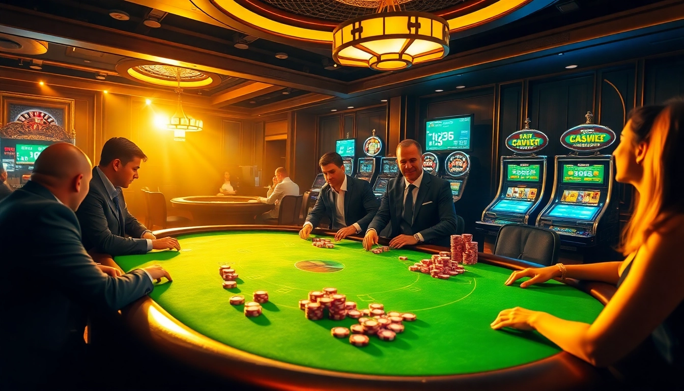 Engaging players at a high-stakes poker table featuring shbet branding and vibrant casino elements.