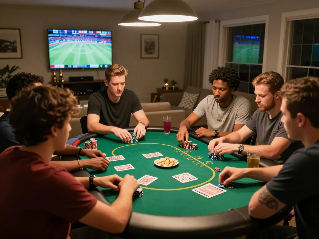 The Thương hiệu Bet88 shines during a vibrant home poker night, showcasing friends engaged in strategic gameplay, filled with energy and camaraderie.