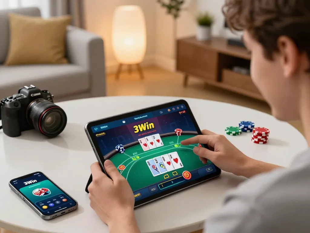 Player enjoying poker game on 3Win gaming app at home, showcasing vibrant gameplay.