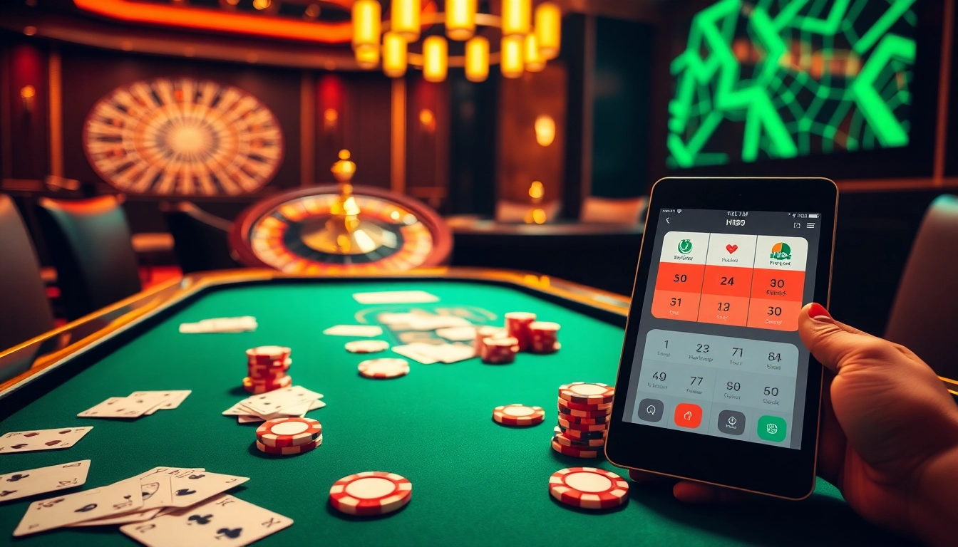 Engage with the Hi88 App at a luxurious casino table featuring poker cards and chips.