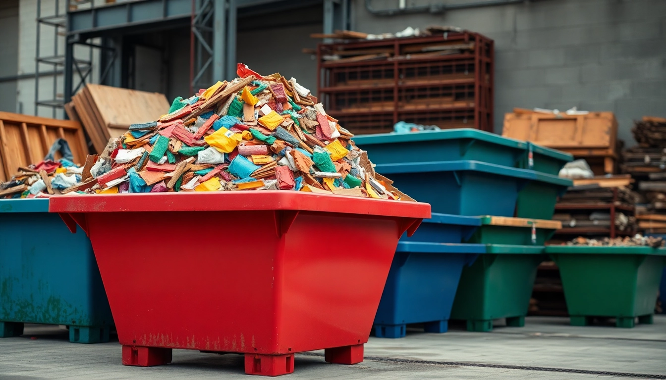 Efficient skip hire service with bright skips and construction debris, promoting sustainability.