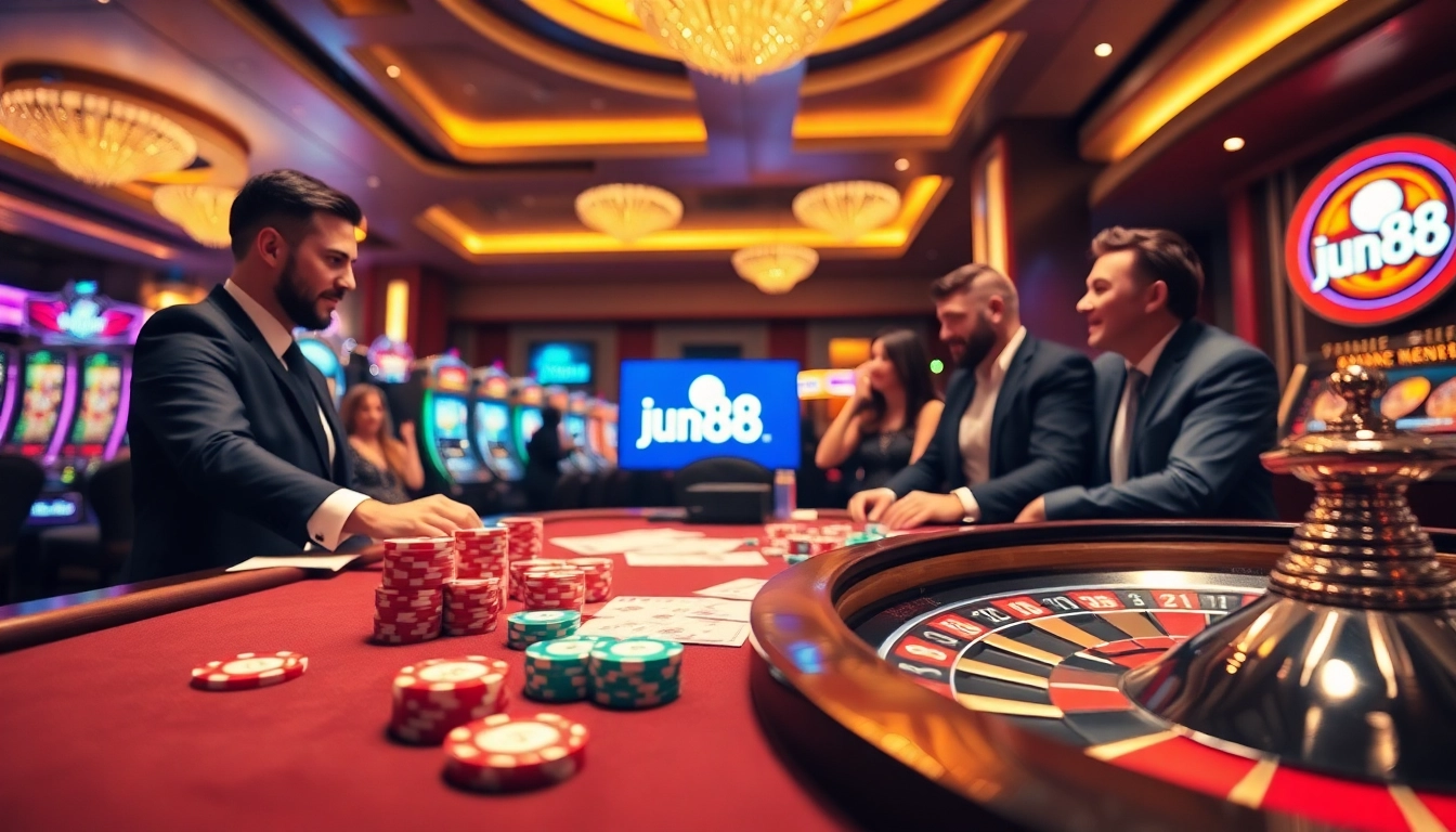 Players enjoying thrilling games with the jun88 com logo in a vibrant casino setting.