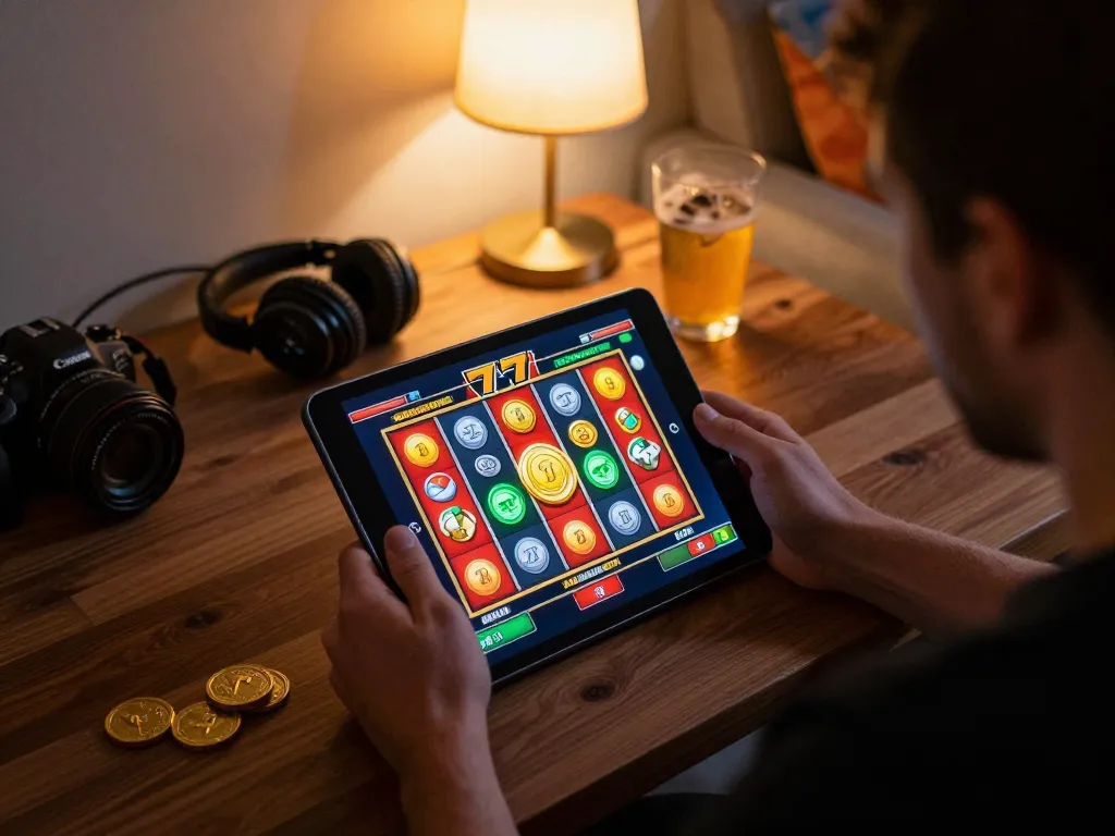 Engaging scene of a player focused on slot77 gameplay on a tablet in a cozy living room.