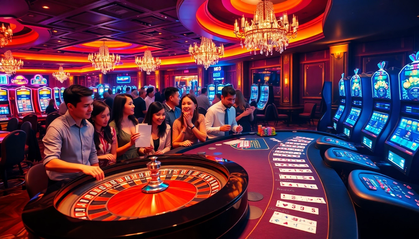 Excited gamblers at a LUCK8 casino enjoying roulette and poker, immersed in luxury and thrill.