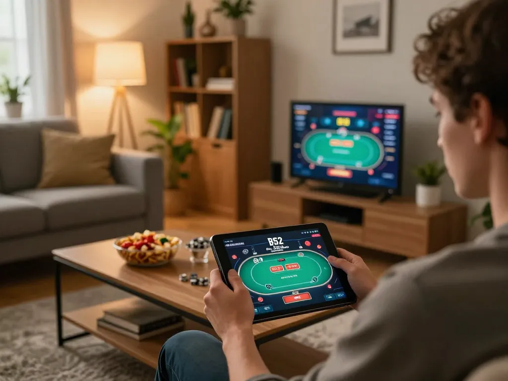 B52 club player engaging in online poker game from cozy living room.
