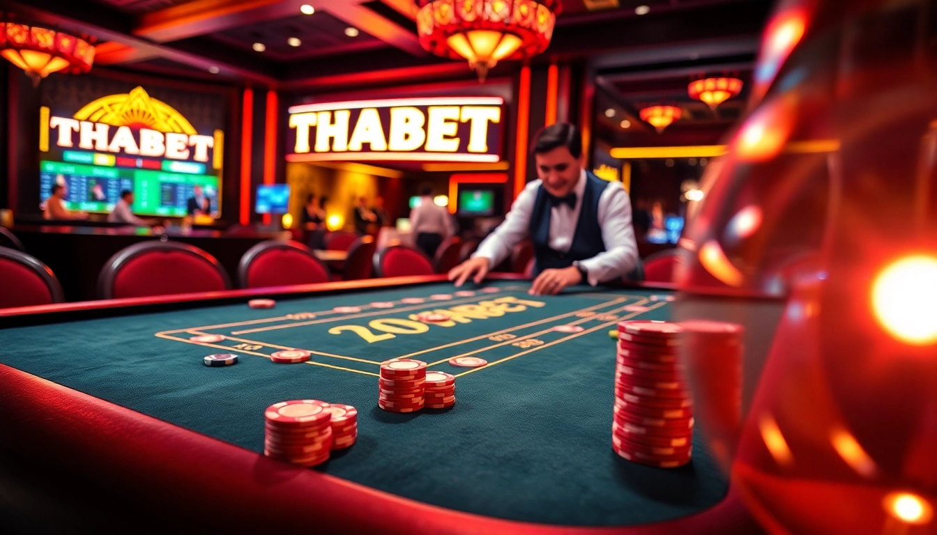 Experience the thrilling atmosphere at THABET casino with a vibrant poker table and engaging players.