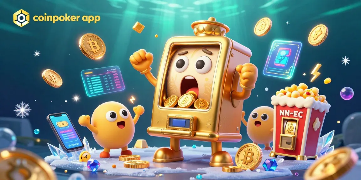 L'application CoinPoker présente une machine à sous dorée célébrant un jackpot, entourée de pièces crypto.