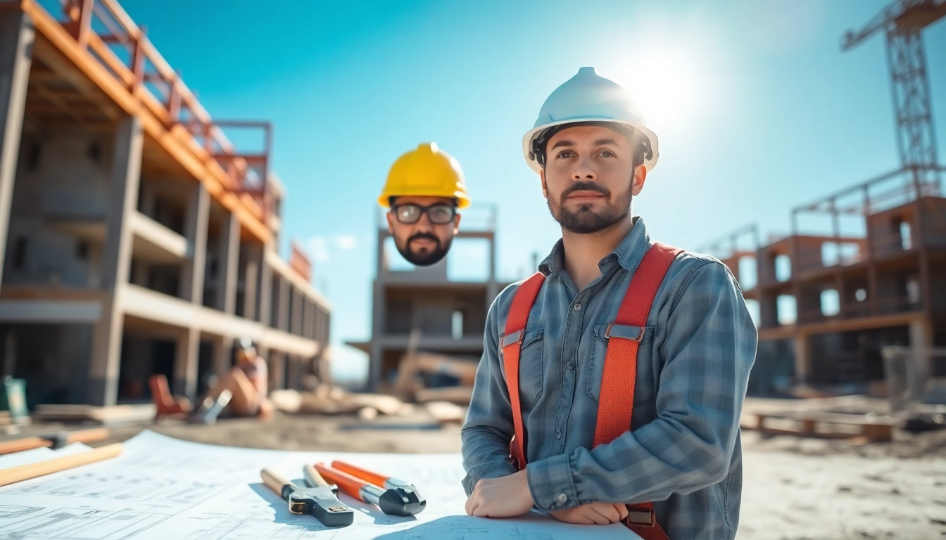 New Jersey General Contractor engaging at a construction site with blueprints and tools.