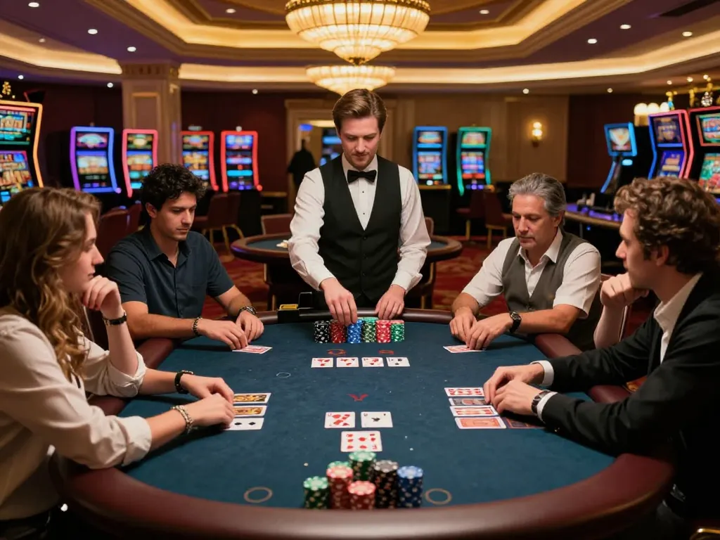 Exciting blackjack gameplay with top quality widgets at an upscale casino, capturing strategic moments in elegant surroundings
