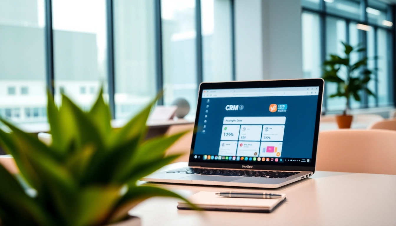 Utilize hubspot crm free on a laptop in a professional workspace with a sleek design.
