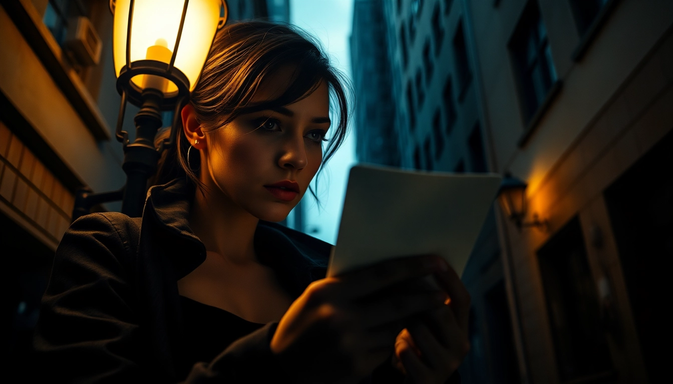 Female detective solving a Clean thriller mystery under streetlight in a shadowy urban setting.