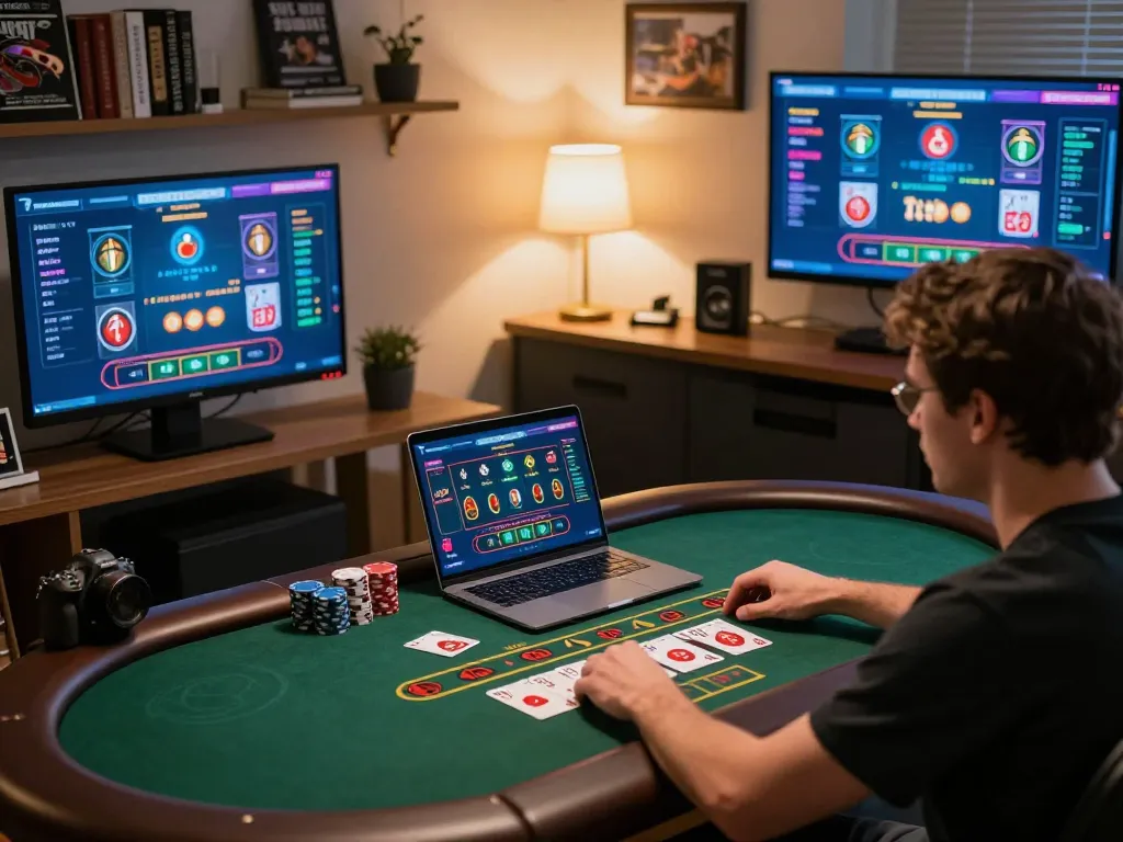 Engaged player using laptop for giường bệnh nhân online blackjack strategy session, showcasing live dealer game interface