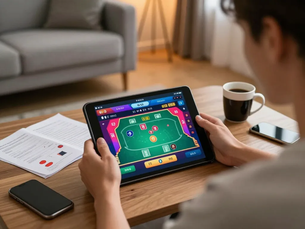 Engaging at-home poker game on a tablet featuring fb88, showcasing strategic gameplay.