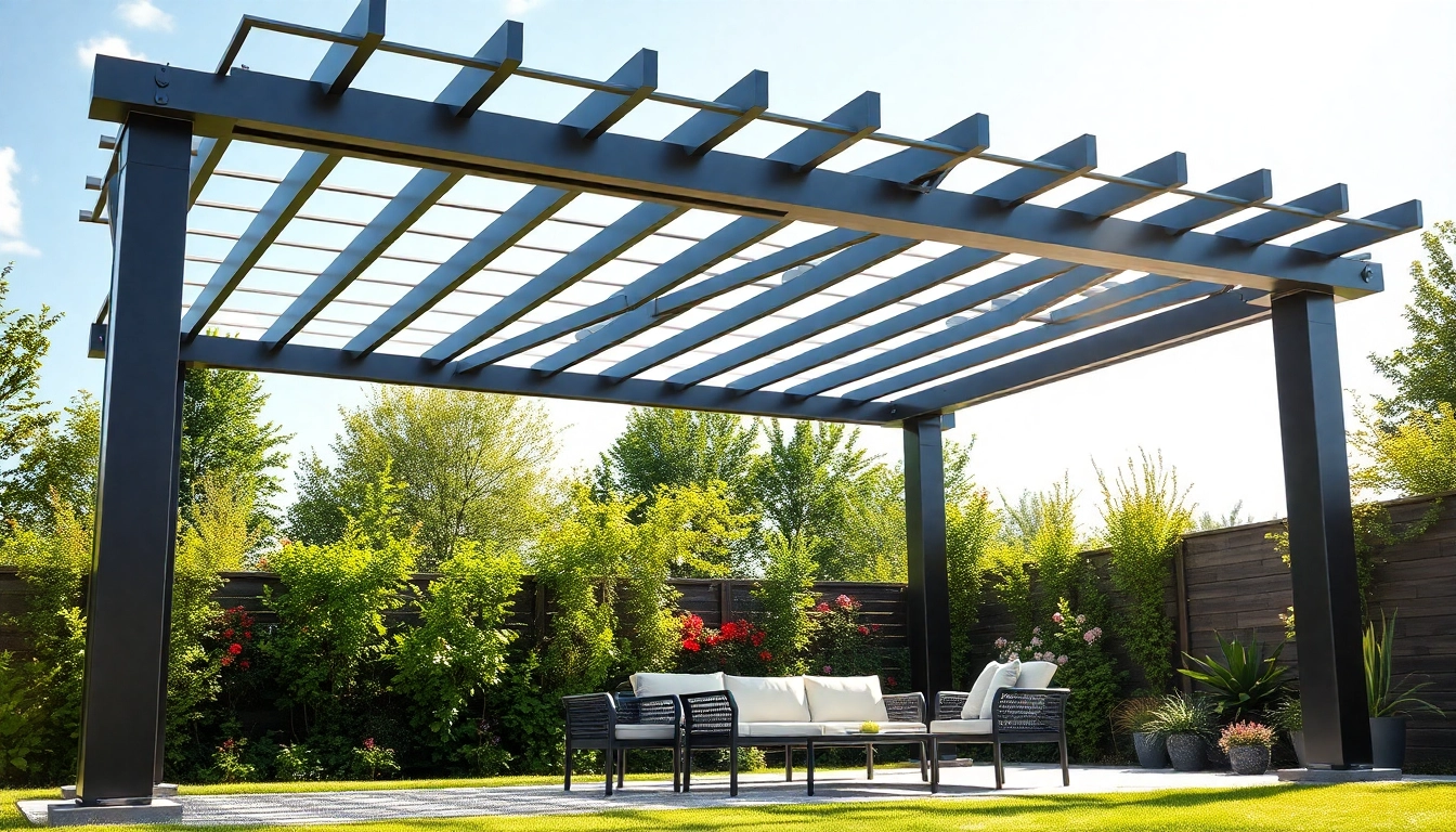 Admire a modern steel pergola elegantly positioned in a vibrant backyard setting.