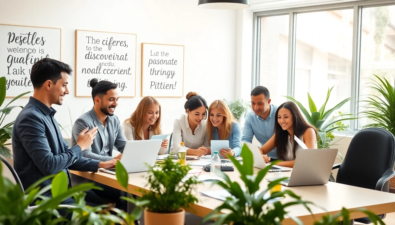 Find my true calling as diverse individuals collaborate in a bright office setting.