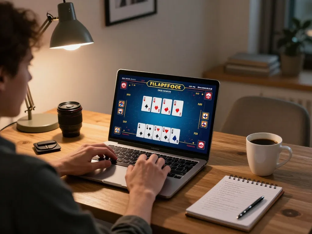 Engaging online poker gameplay on a laptop with jilipinas link visible, emphasizing strategic decisions in a cozy home setting.