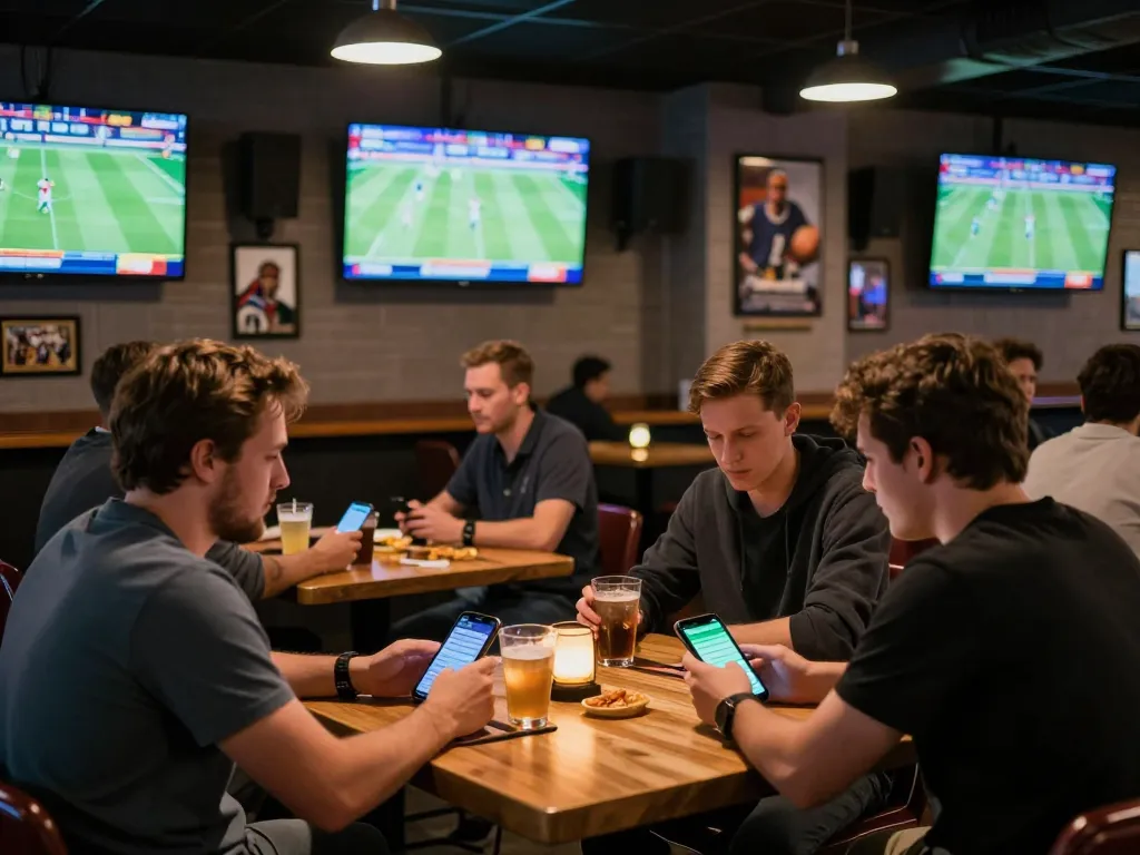 Patrons placing bets on their mobile devices while enjoying sports at a lively bar, highlighting depo