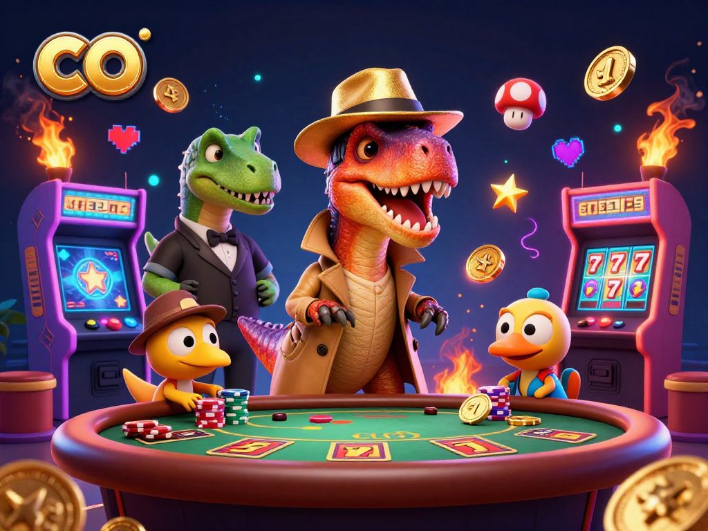 Experience the thrill of co with a velociraptor at a blackjack table amidst vibrant gaming elements.