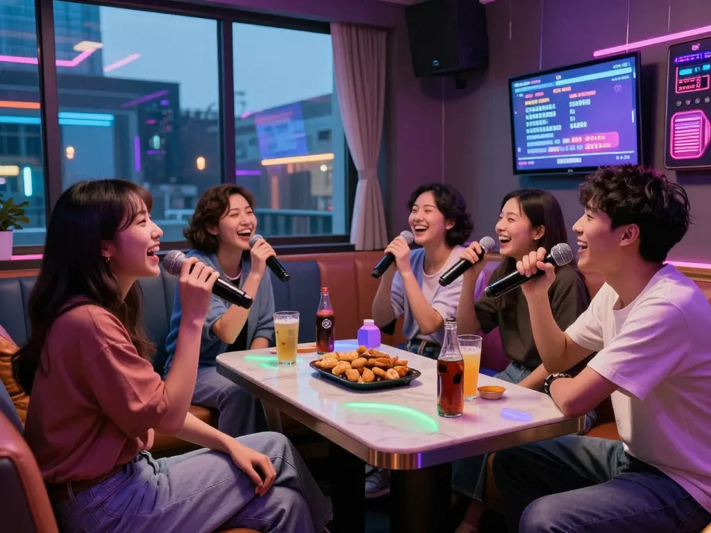 생기 넘치는 분위기와 프라이빗 룸 설정에서 부평쓰리노에서 노래방을 즐기는 그룹.