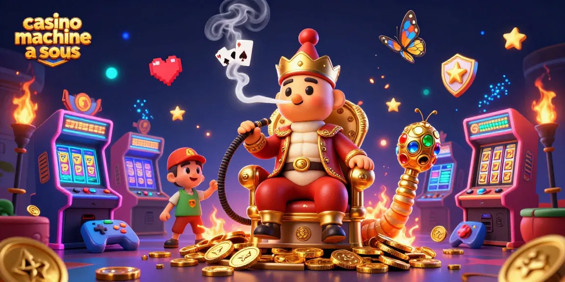 Jouer à la casino machine à sous avec des personnages colorés entourés de machines à sous et de symboles de gains.