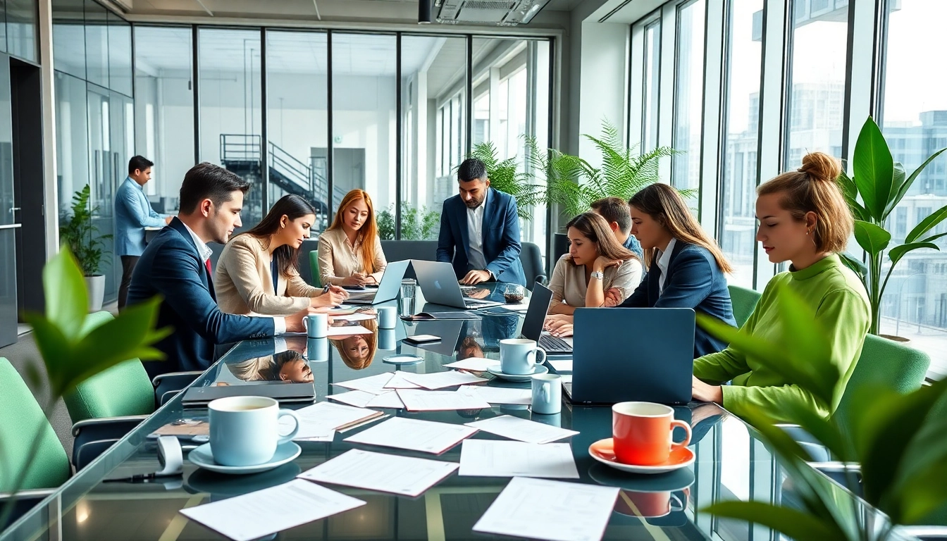 Business team collaborating in a vibrant office setting with modern devices and energetic atmosphere.