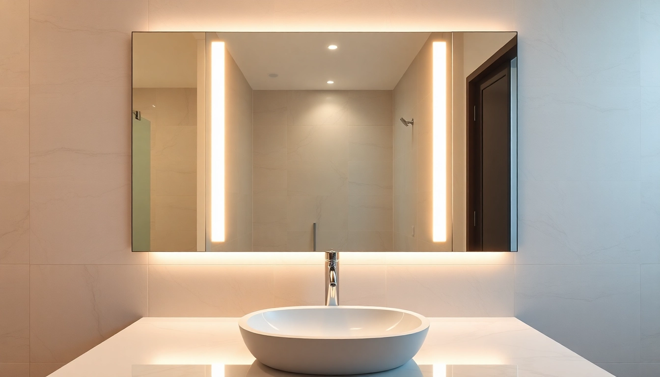 Reflective elegant bathroom mirror framed with soft LED lights in a modern setting.