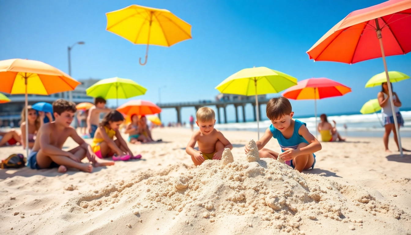 Families enjoying a sunny day at https://myrtlebeachsc.com/ with bright beach umbrellas.