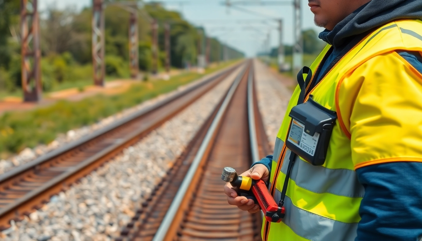 Engineer performing Track Inpection on railway tracks, showcasing safety gear and focus.