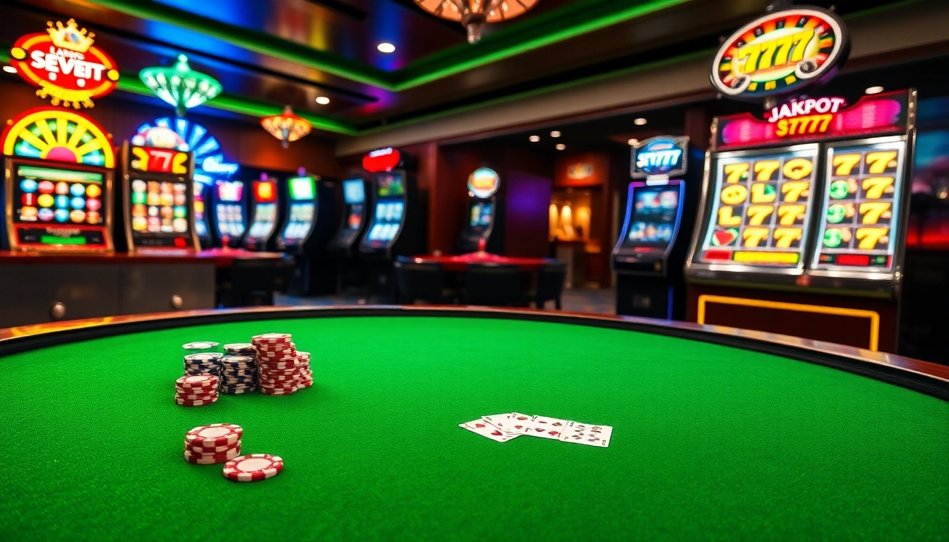 Engaging poker game scene with seven77 jackpot indicators and vibrant casino elements.