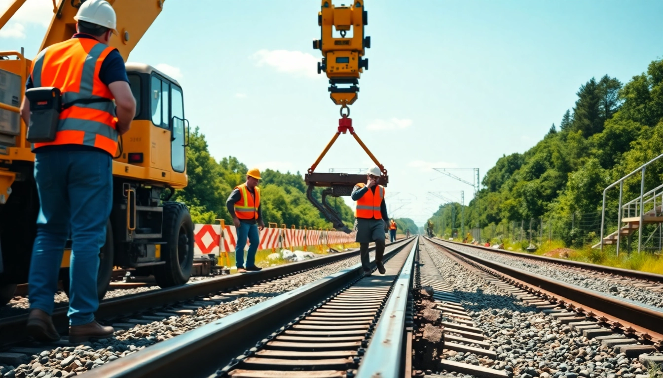 Railroad Contractors USA collaborating on track construction with vibrant safety gear.