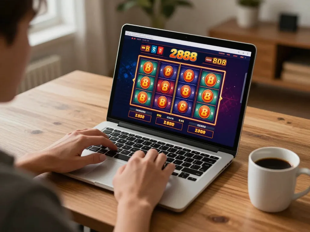 Engaging with slot88 online game on a laptop, showcasing vibrant slot machine action.