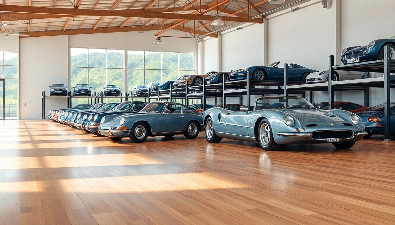 Showcased luxury classic car storage facility with elegant vehicles organized neatly.