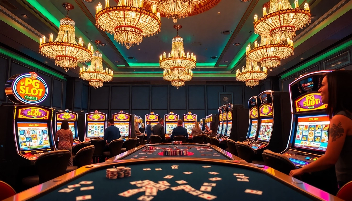 Players celebrating big wins at PG slot machines in a vibrant casino atmosphere.