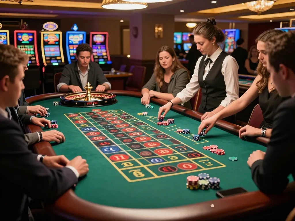 winstrike69 players are placing bets at a vibrant roulette table in a luxury casino setting