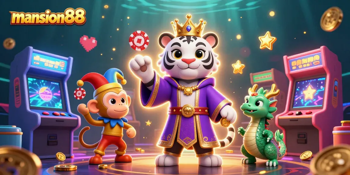 Engage in lively games at mansion88 featuring a royal tiger, jester monkey, and colorful arcade elements.