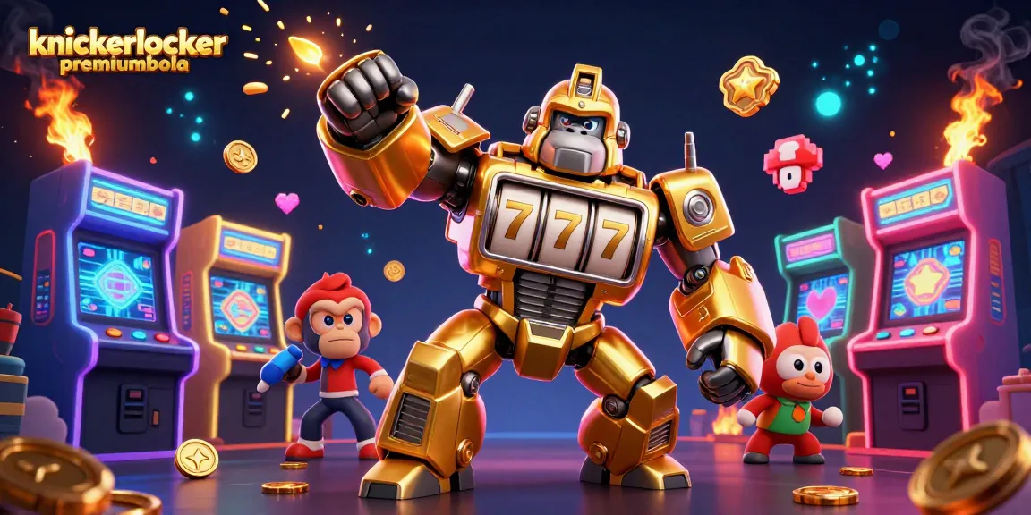 Experience the excitement of knickerlocker premiumbola with a dynamic 3D illustration of a golden gorilla mech amidst vibrant gaming elements.