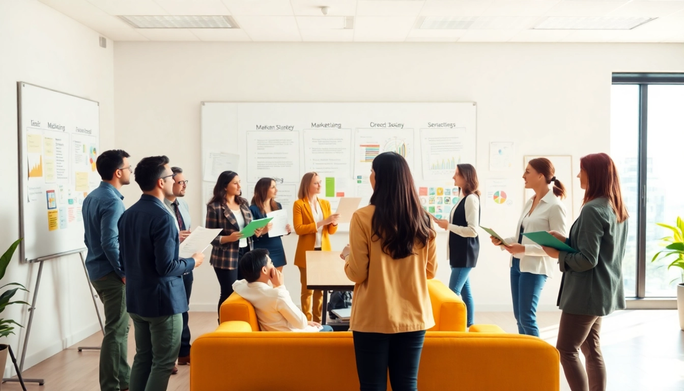 Team collaborating creatively at a direct mailing company in a bright office