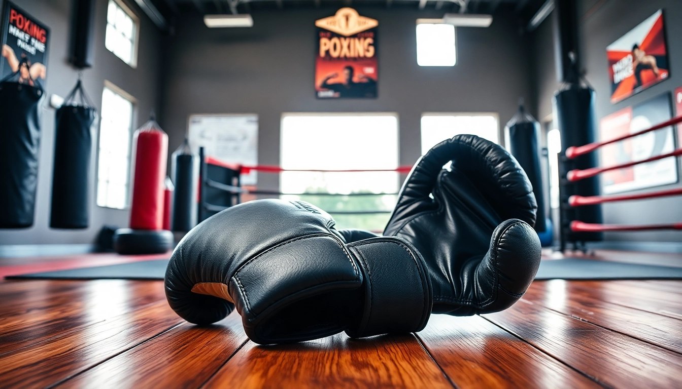 MMA gloves on a training floor surrounded by gym equipment, highlighting sport and quality.