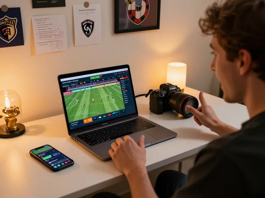 SBOBET user engaging in online sports betting at home, showcasing excitement with live game updates