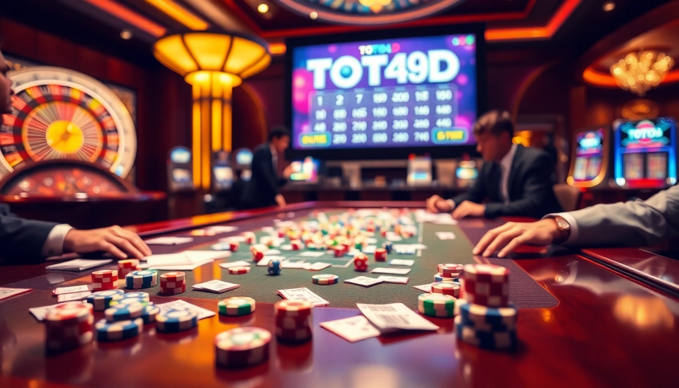 Para pemain terlibat dalam permainan lotere Toto4D yang mendebarkan di meja kasino yang meriah.