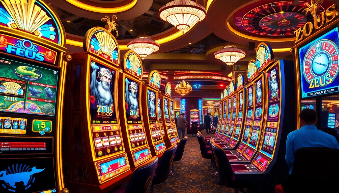 Rasakan permainan yang mendebarkan dengan mesin slot Zeus dikelilingi oleh elemen kasino yang berwarna-warni.