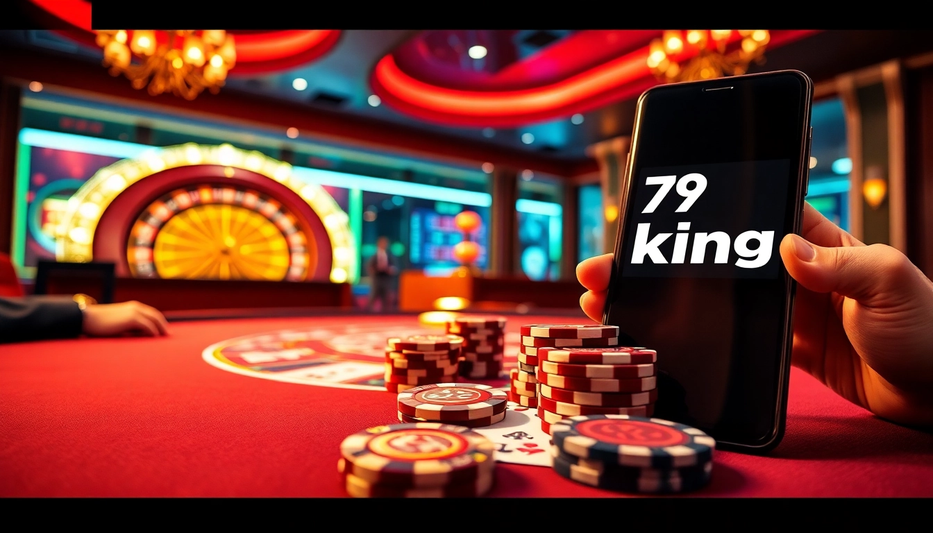 Playing high-stakes poker at 79king com1 with vibrant casino ambiance and modern tech.