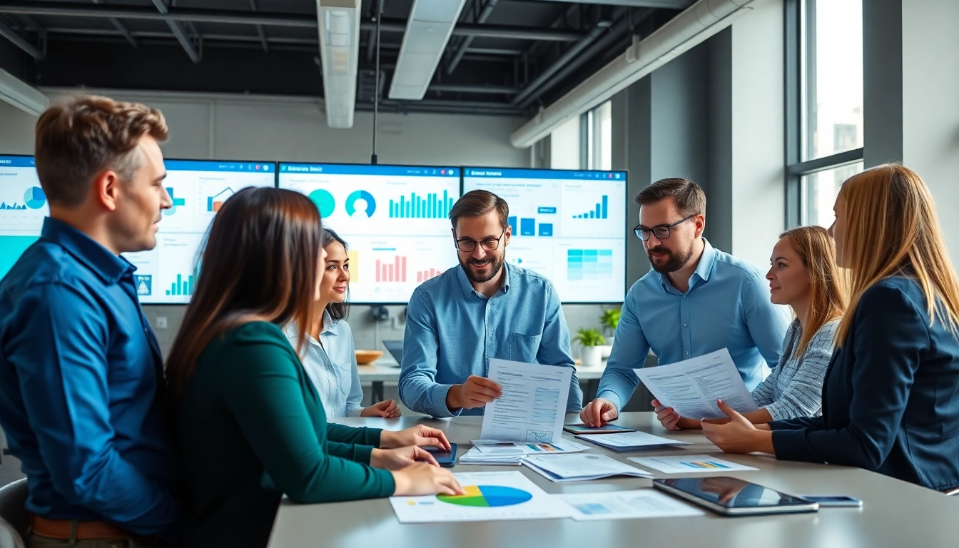 Direct mail company team brainstorming in a modern office with vibrant analytics and samples.