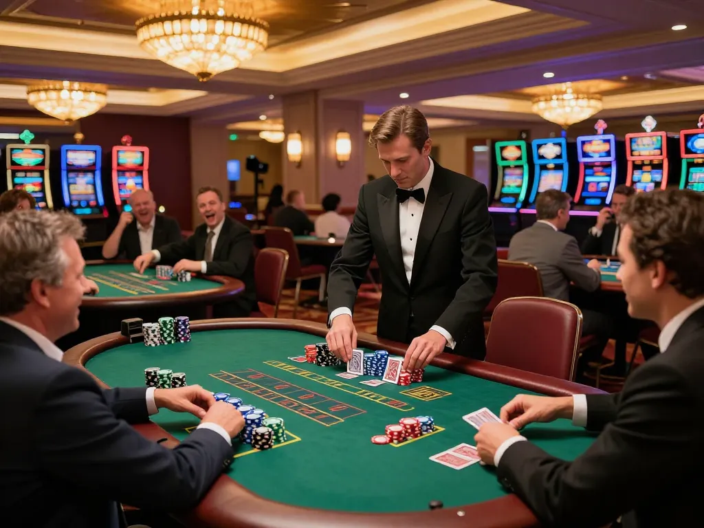 Experience thrilling blackjack gameplay at 388bet's luxurious casino floor, where players strategize and celebrate wins.