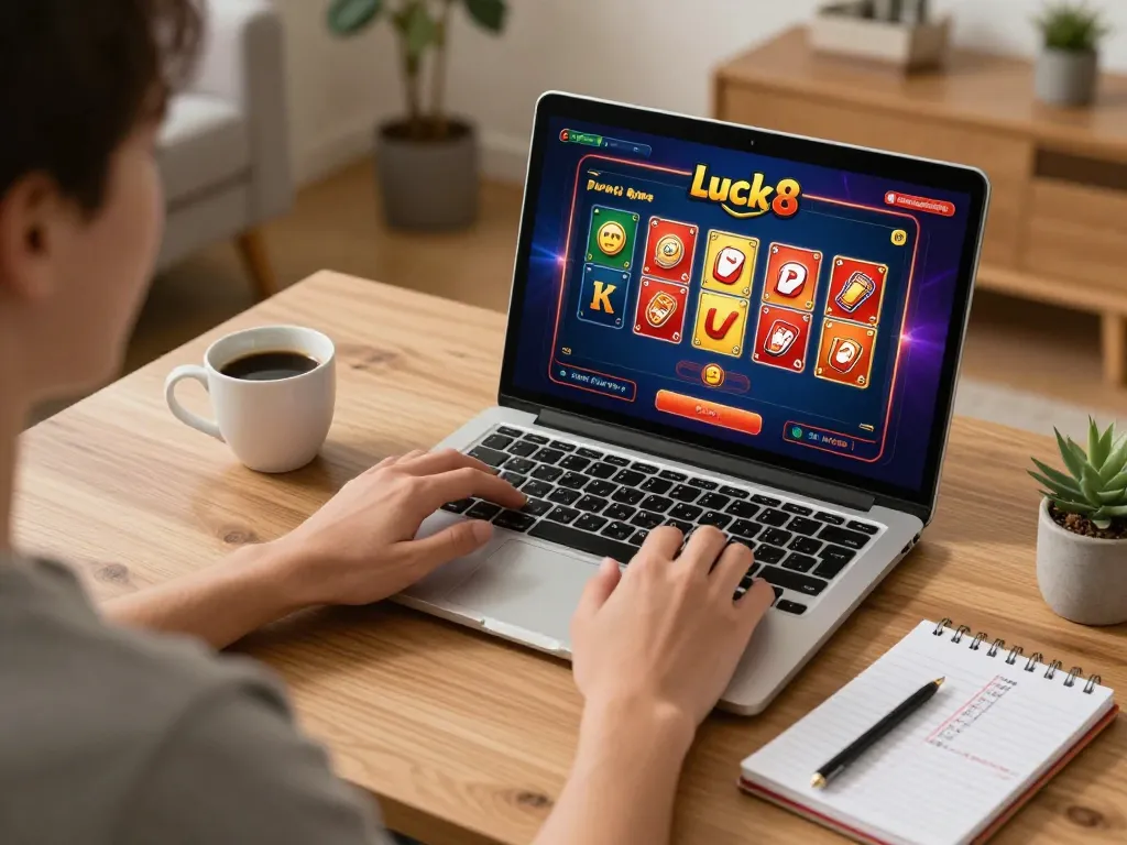 Playing luck8 online casino games at home with exciting poker graphics on the laptop.